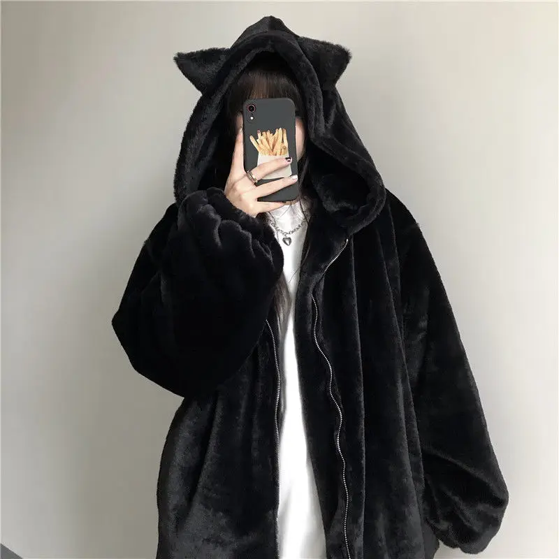 Dark Girl Thick Ears Hair Coat Autumn Winter 2024 New Design Feel Loose and Versatile Warm Cotton Jacket