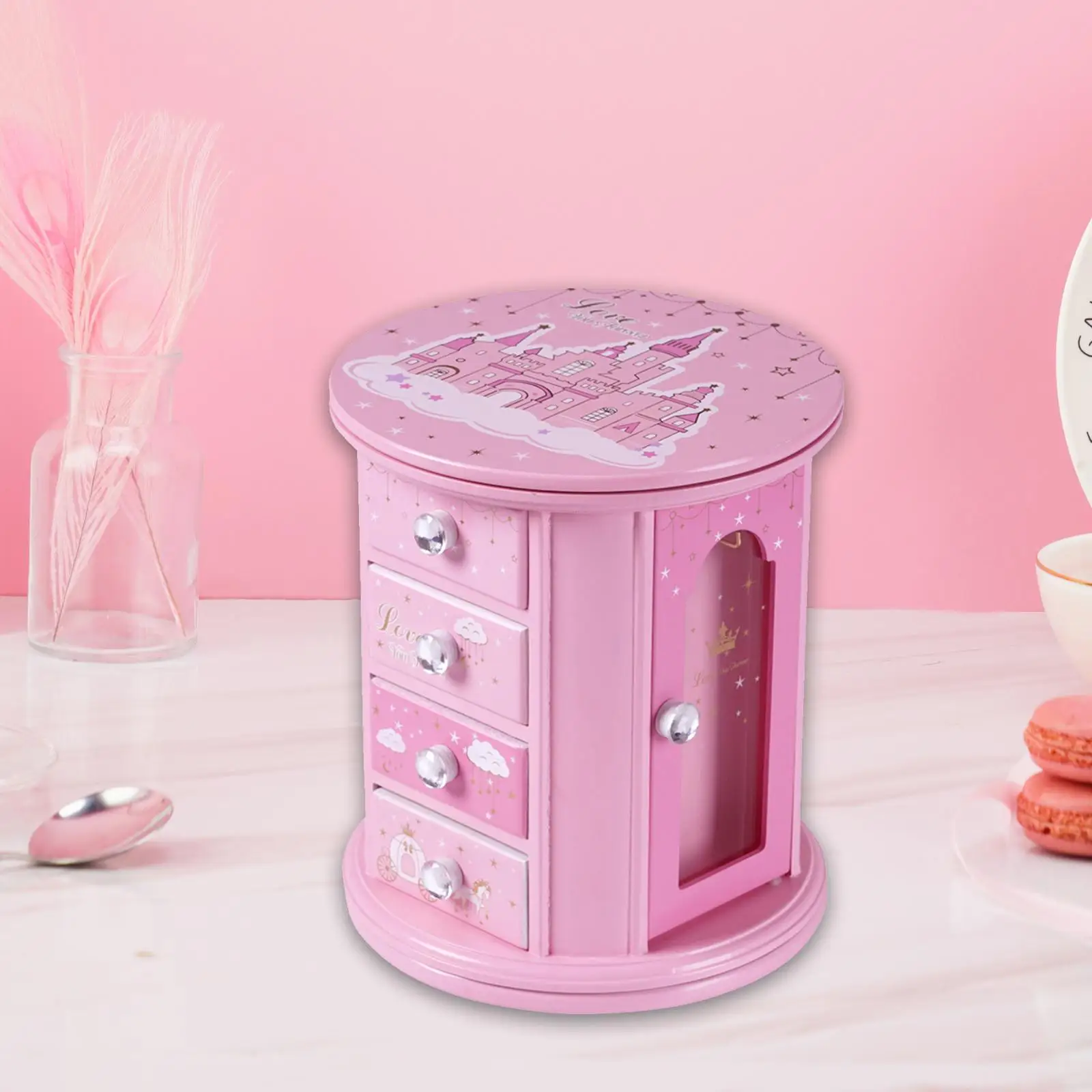 Pink Castle Jewelry Box Wooden Multifunction for Bedroom Tabletop Bangle