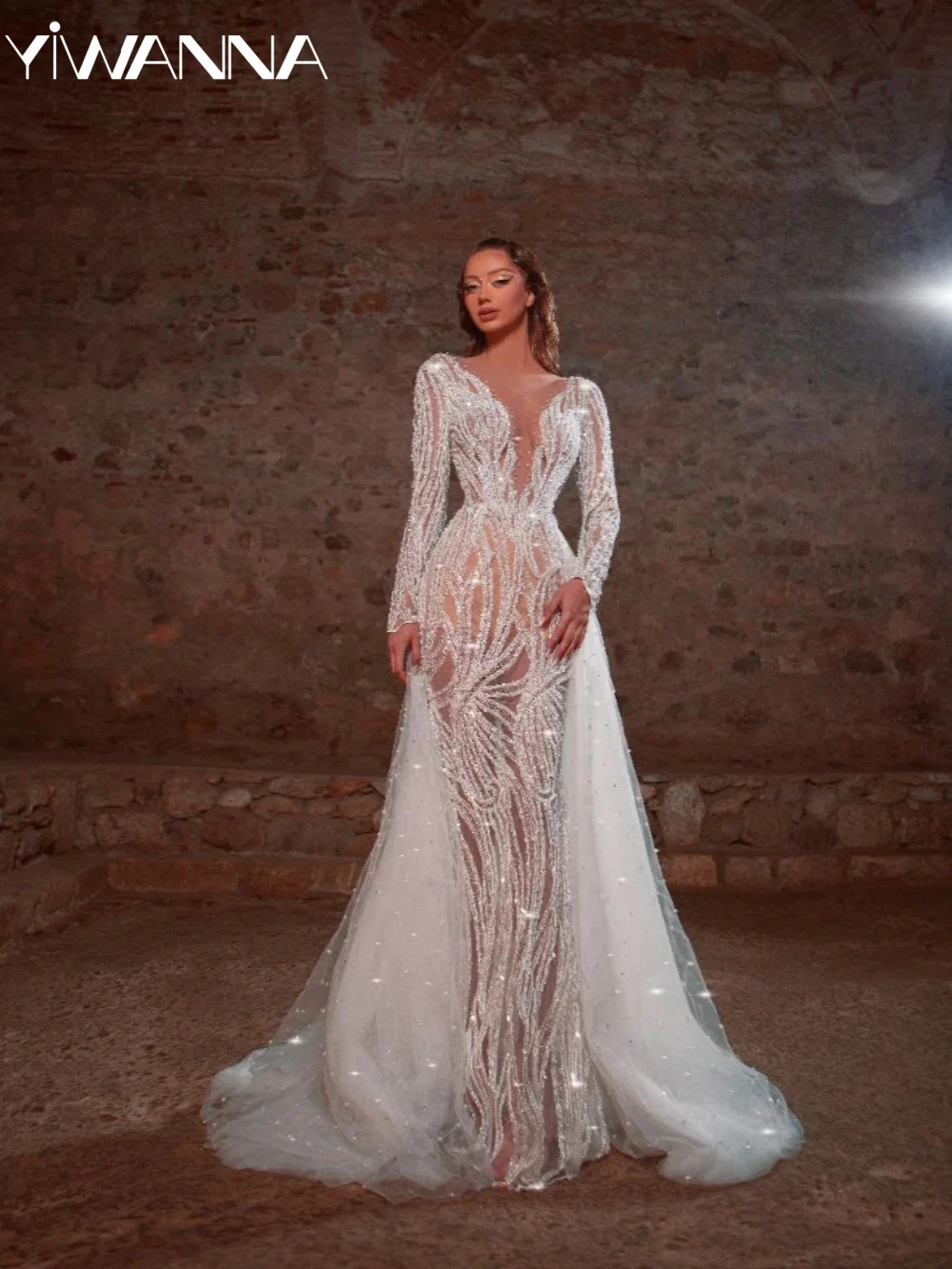 

Sexy Illusion Deep V-neck Wedding Dress With Detachable Train Luxurious Beaded Pearls Bridal Gown Customized Dresses For Bride