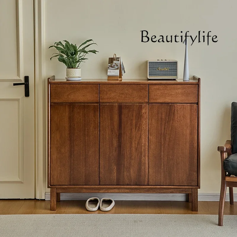 

Nordic black walnut solid wood shoe cabinet, simple and modern small apartment shoe changing cabinet, entrance cabinet