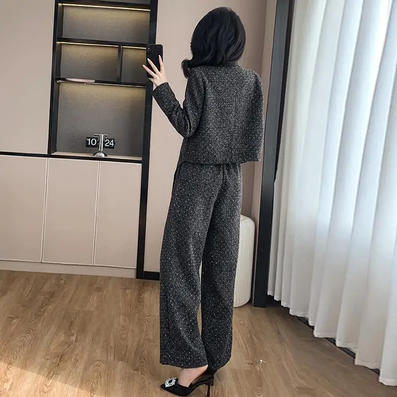 2 pieces women's coarse woolen suit irregular jacket+high waisted wide leg pants 2026 new small fragrance style set