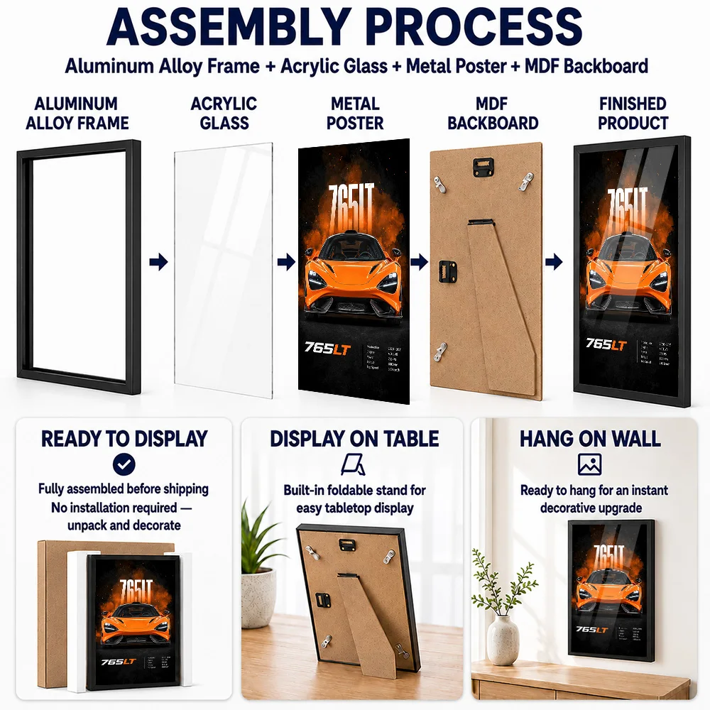 British 765LT Papaya Spark Supercar Framed Metal Poster Personalized Track Performance Wall Art Suited To Game Room For Drivers
