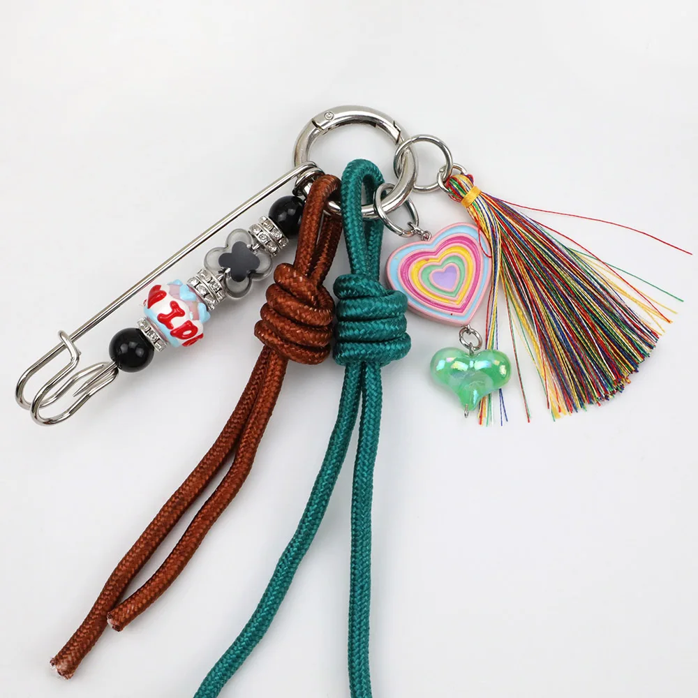 Y2K Multi-Color Rope Bag Decorations Keychains Tassels Beaded Bag Pendant Charms Versatile Rainbow Rope Phone Hanging Cord 2024