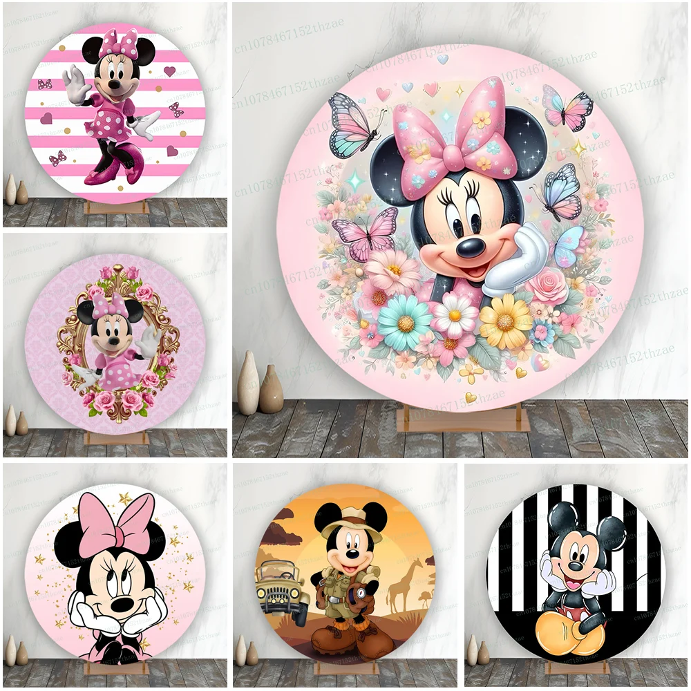 

Minnie and Mickey Birthday Party Photo Backdrop Baby Shower Photography Backdrop Round Cartoon Photo Background
