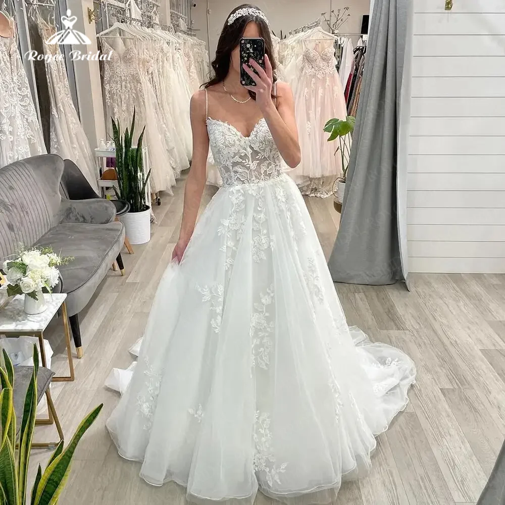 Modern A Line Wedding Dress Tulle Sweetheat Spaghetti Straps Boho Lace Applique Elegant Bridal Gowns For Bride suknia ślubna