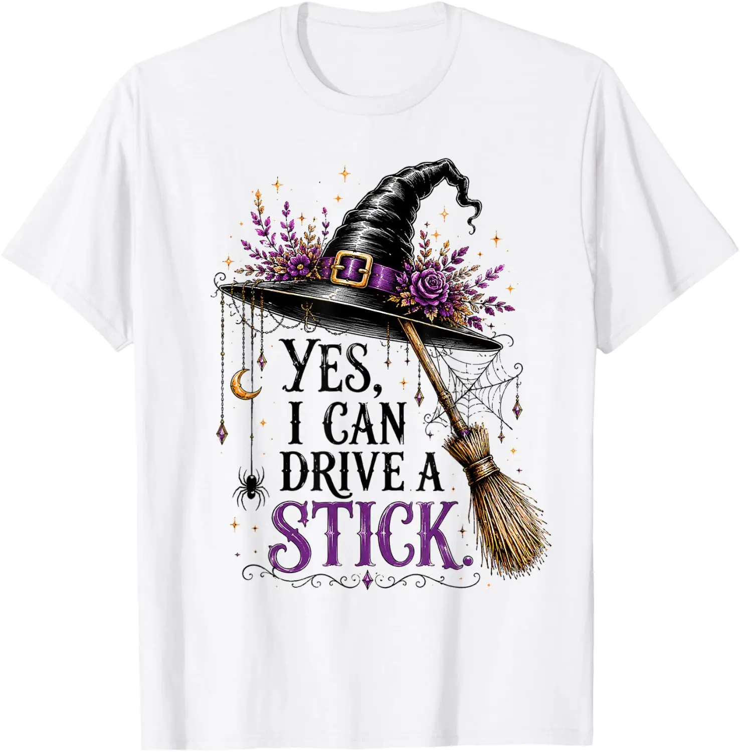 Yes I Can Drive A Stick Witch Hat Broom Funny Halloween T-Shirt Men Women Unisex Novelty Graphic T‑Shirt, Classic Crew Neck 100% Cotton Tee, Lightweight Anti‑Pilling Breathable Casual Tops, Year‑Round Daily Outfit, Holiday Birthday Present Tee