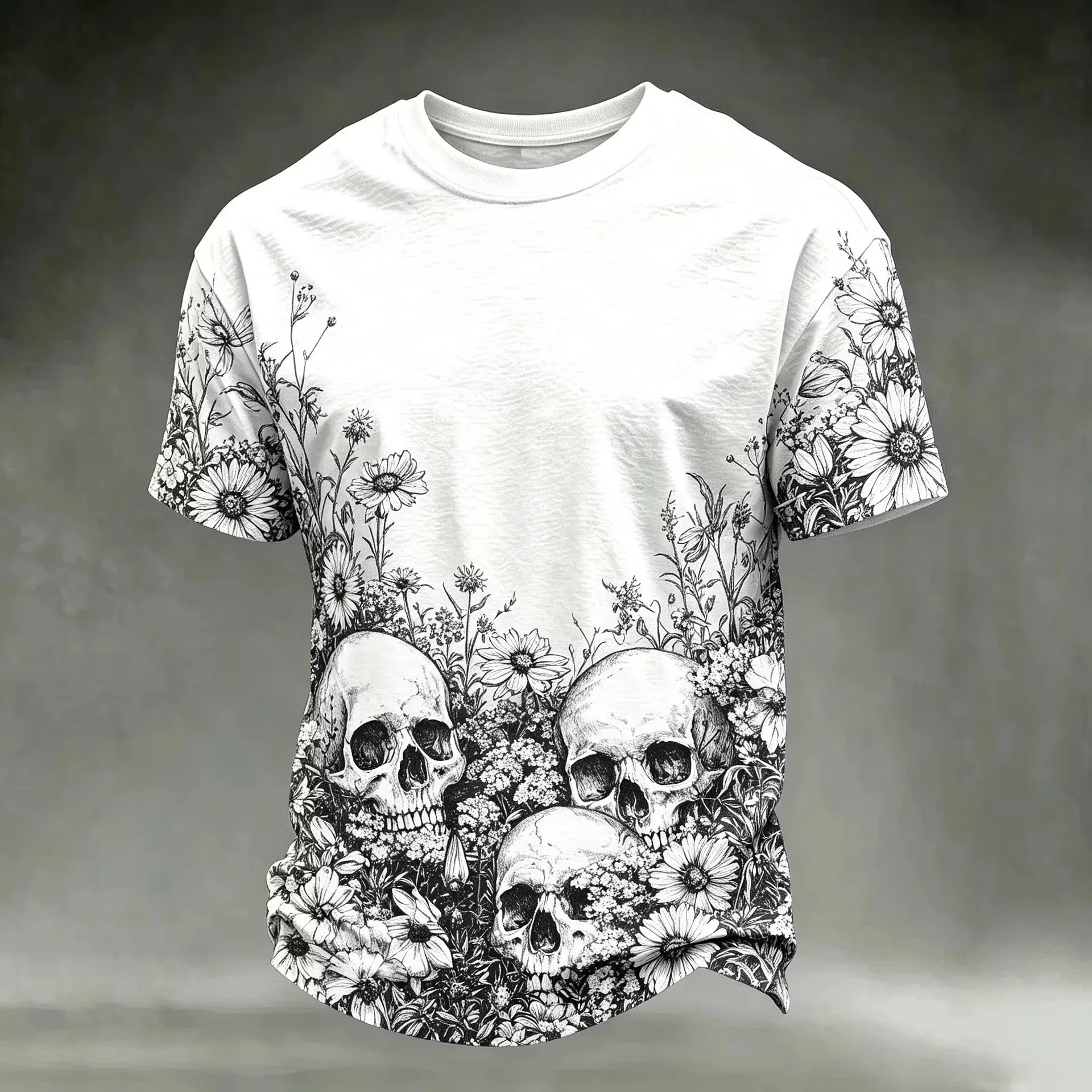 Men Halloween Gothic T‑Shirt Floral Sketch Golden Distressed Multi‑Skull Art Print O‑Neck Short Sleeve Streetwear Casual Tops