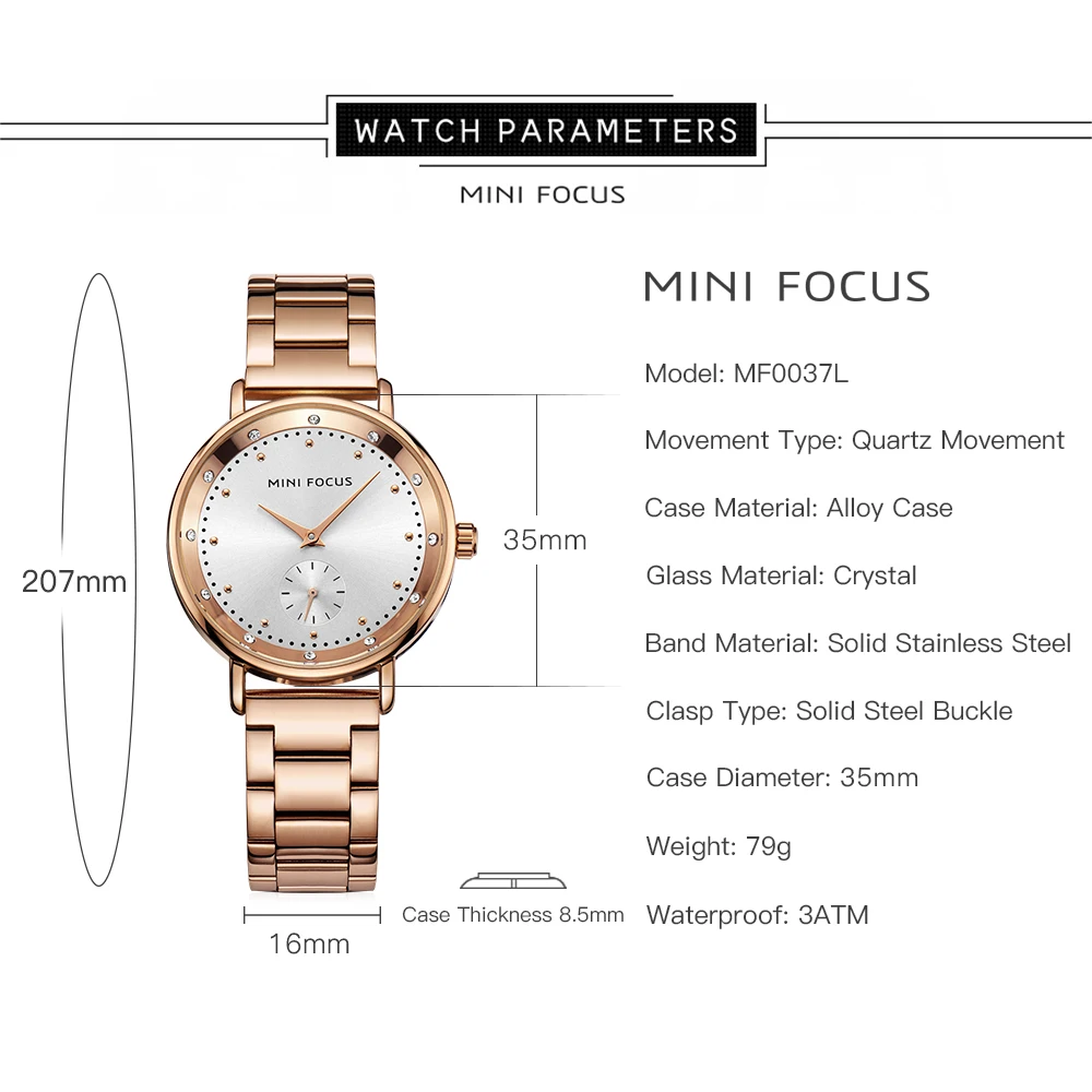 Mini foco relógio feminino elegante ouro aço inoxidável senhoras moda relógios de quartzo feminino pulseira relógio de pulso 0037l