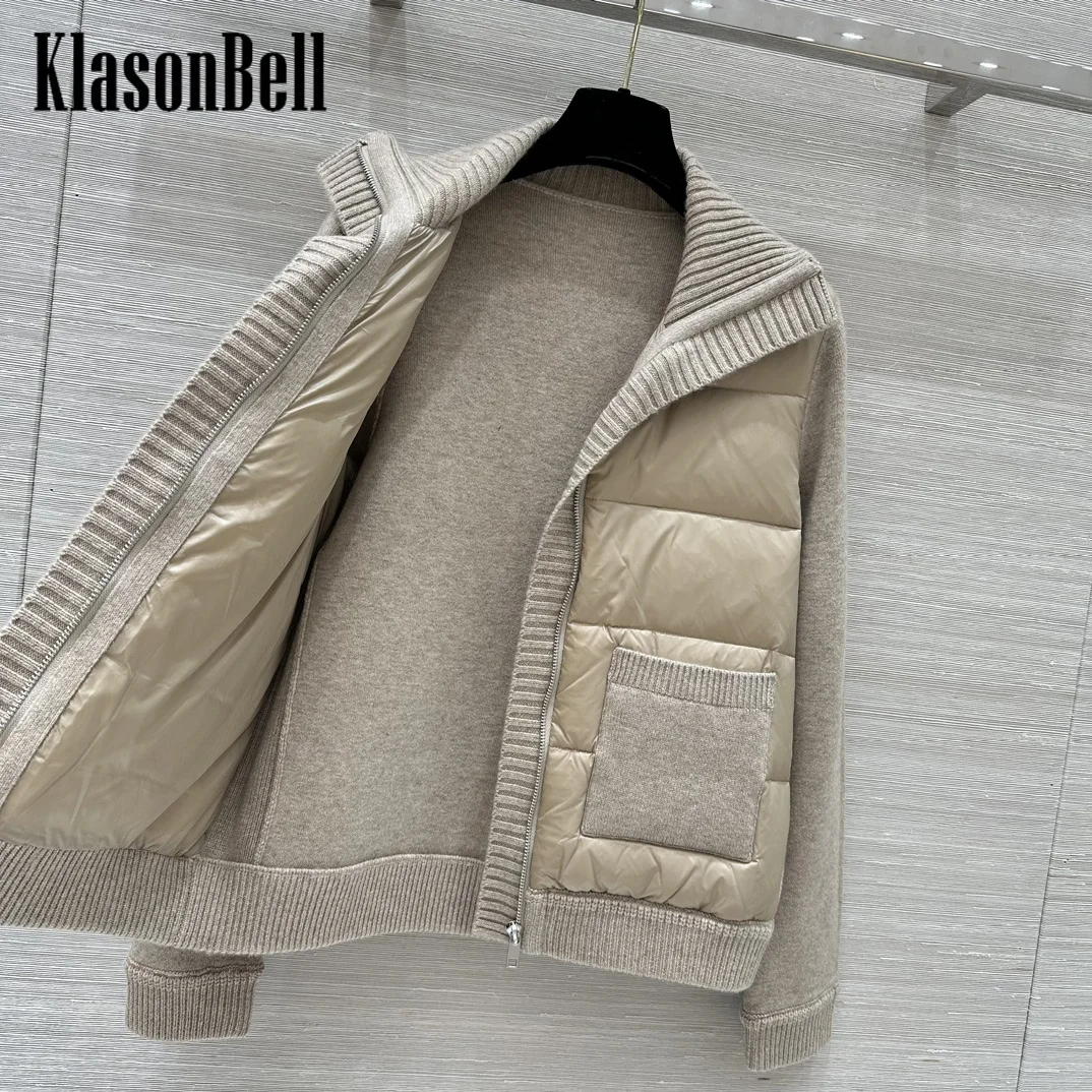 8.26 KlasonBell Women\'s Autumn Winter New Double POcket Knit Spliced Quilted Goose Down Jacket Lapel Stand Collar Zipper Coat