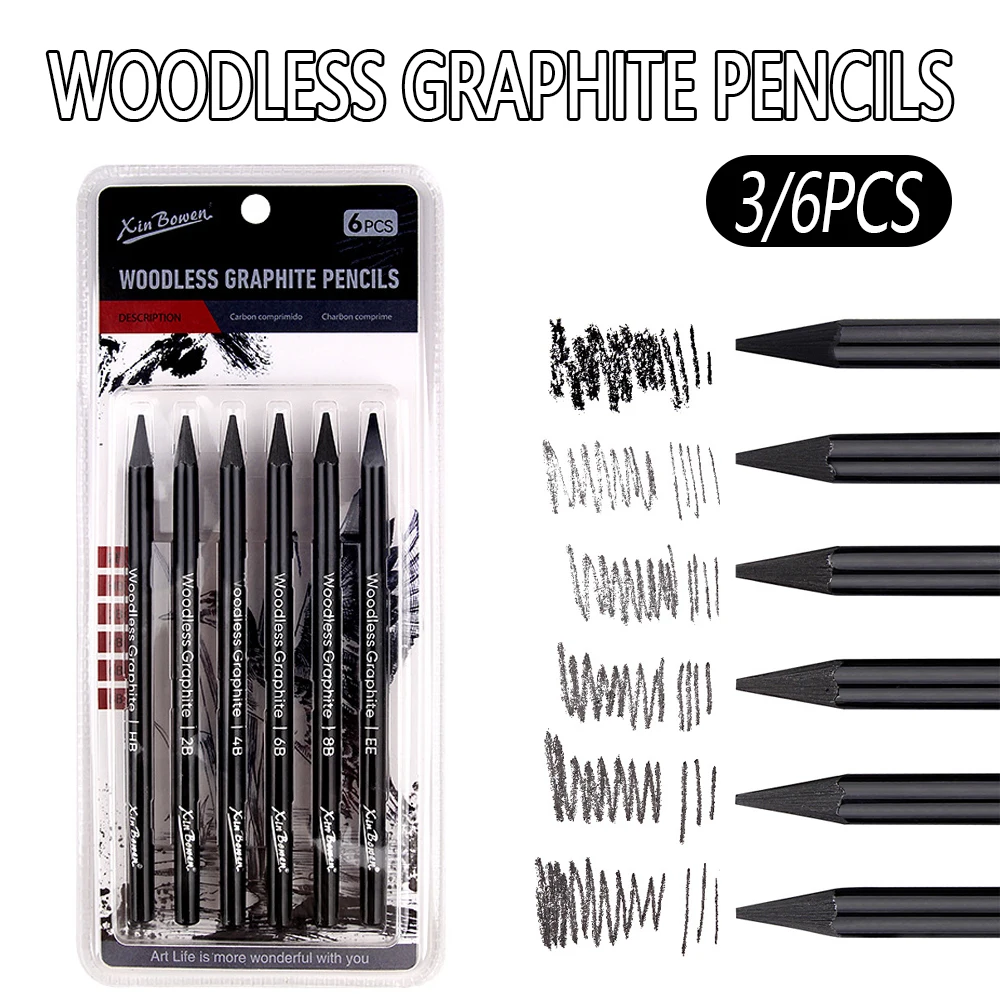 Juego de 3/6 Lápices de Grafito sin Madera para Dibujo Artístico, HB/2B/4B/6B/8B, Lápiz de Carbón Sólido para Estudiantes de Arte