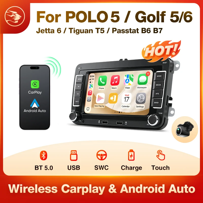Radio para Auto AINAVI para VW Polo, Golf, Passat, Jetta, Tiguan, T5, Carplay Inalámbrico, Android Auto, Bluetooth, Estéreo para Auto, MP5, FM, USB, RDS, 2 Din, Pantalla Carplay para Coche, Autoradio, Sistemas Inteligentes para Auto 1