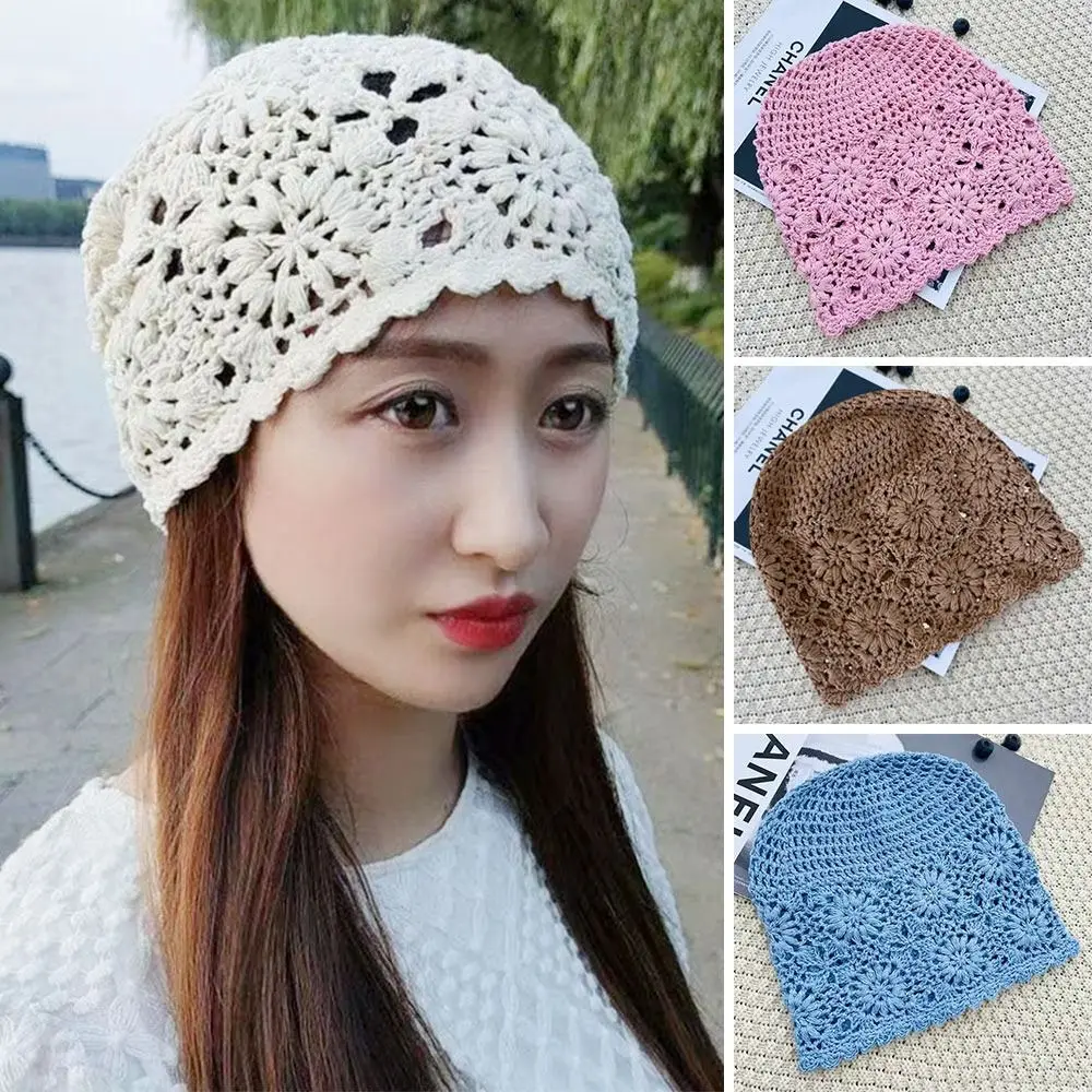 

Women's Hollowed Out Knitted Hat Casual Beret Cap Fashion Flowers Breathable Skullies Hat Sun Visor