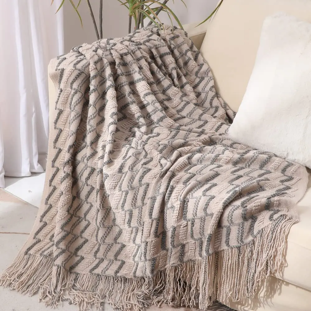 

100% Acrylic Khaki Knitted Blanket with Tassel Gift Blanket Bed Sofa Travel Breathable Chic Bohemian Soft Comfortable Blanket