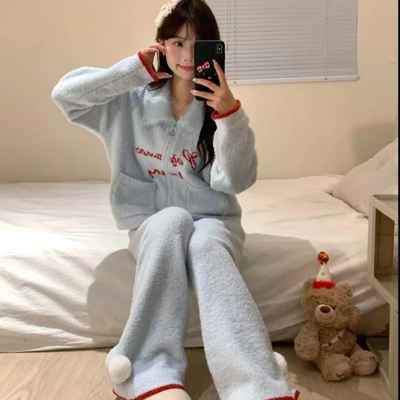 Women's Blue Fleece Half Sweater Set Pajamas Warm Thickened Trousers Autumn Winter Trendy Straight Leg Design XXL Size Sweet