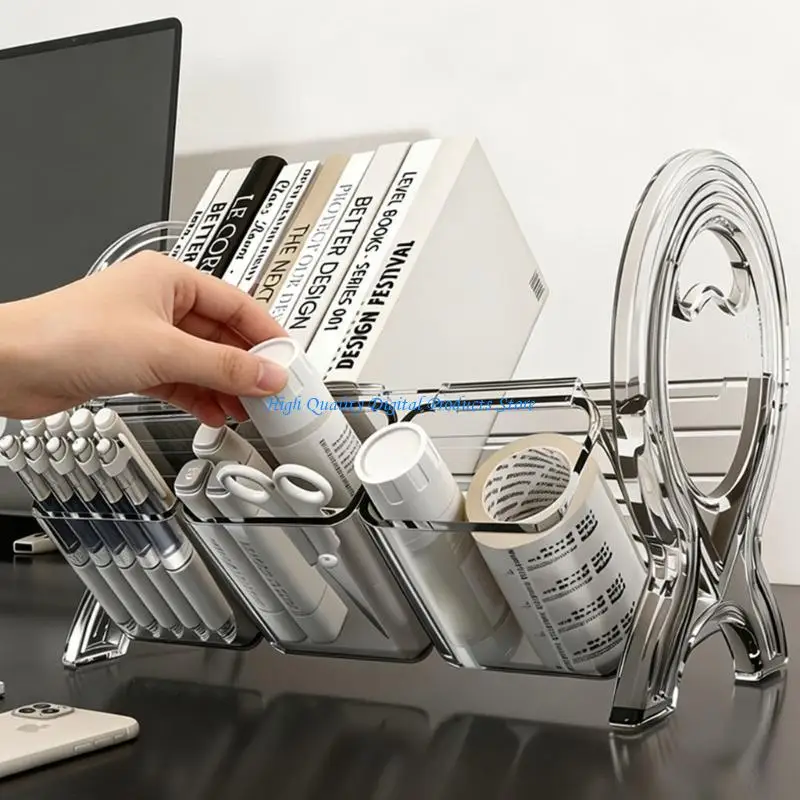 U2JE Acrylic Bookend With Pen Cup Multi Compartment Desktop Container For Book Magazine Document Pen Storage Home Or Office Desk