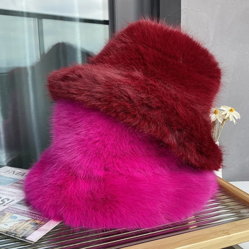 Oversize Faux Fur Bucket Hat Winter Luxury Warm Fluffy Fisherman Hat Women Fashion Party Caps Female Furry Thickened Basin Hat