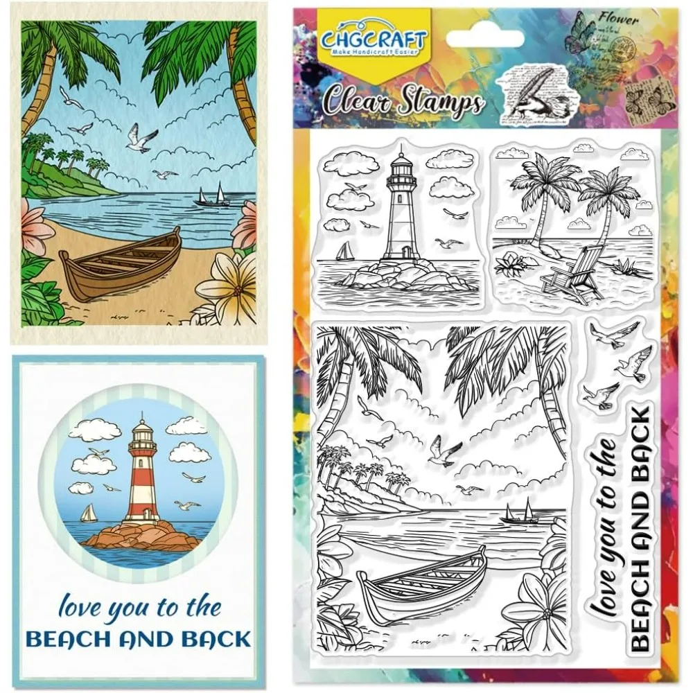 Transparente Stempel für den Strand, Insel-Kokosnussbäume, transparente Stempel, Leuchtturm, transparente Silikonstempel, Siegel für Scrapbooking, Fotoalbum