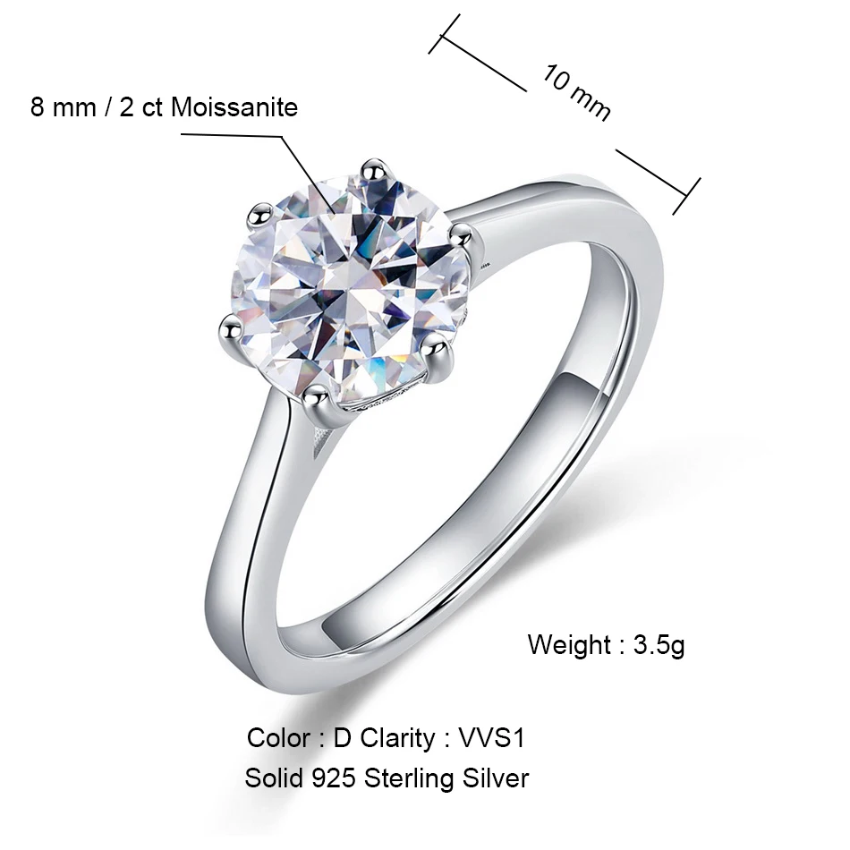 

ALLNOEL 0,5-4CT VVS1 D Цветное кольцо с муассанитом для женщин, 6 зубцов, серебряное обручальное кольцо 925 пробы с сертификацией GRA, оптовая продажа