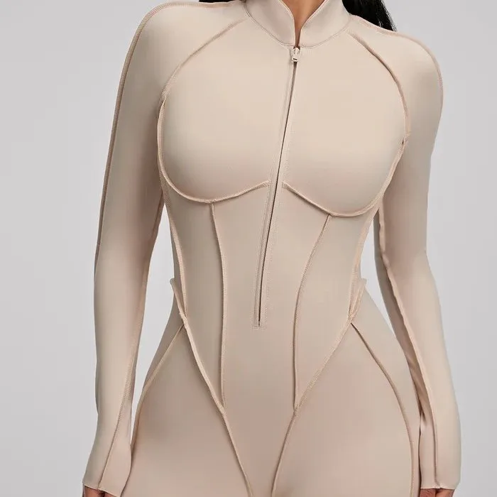 Women One Piece Yoga Jumpsuit Long Sleeve Zipper Front Fitness Bodysuit Contour Seam High Elastic Fashion Workout Activewear