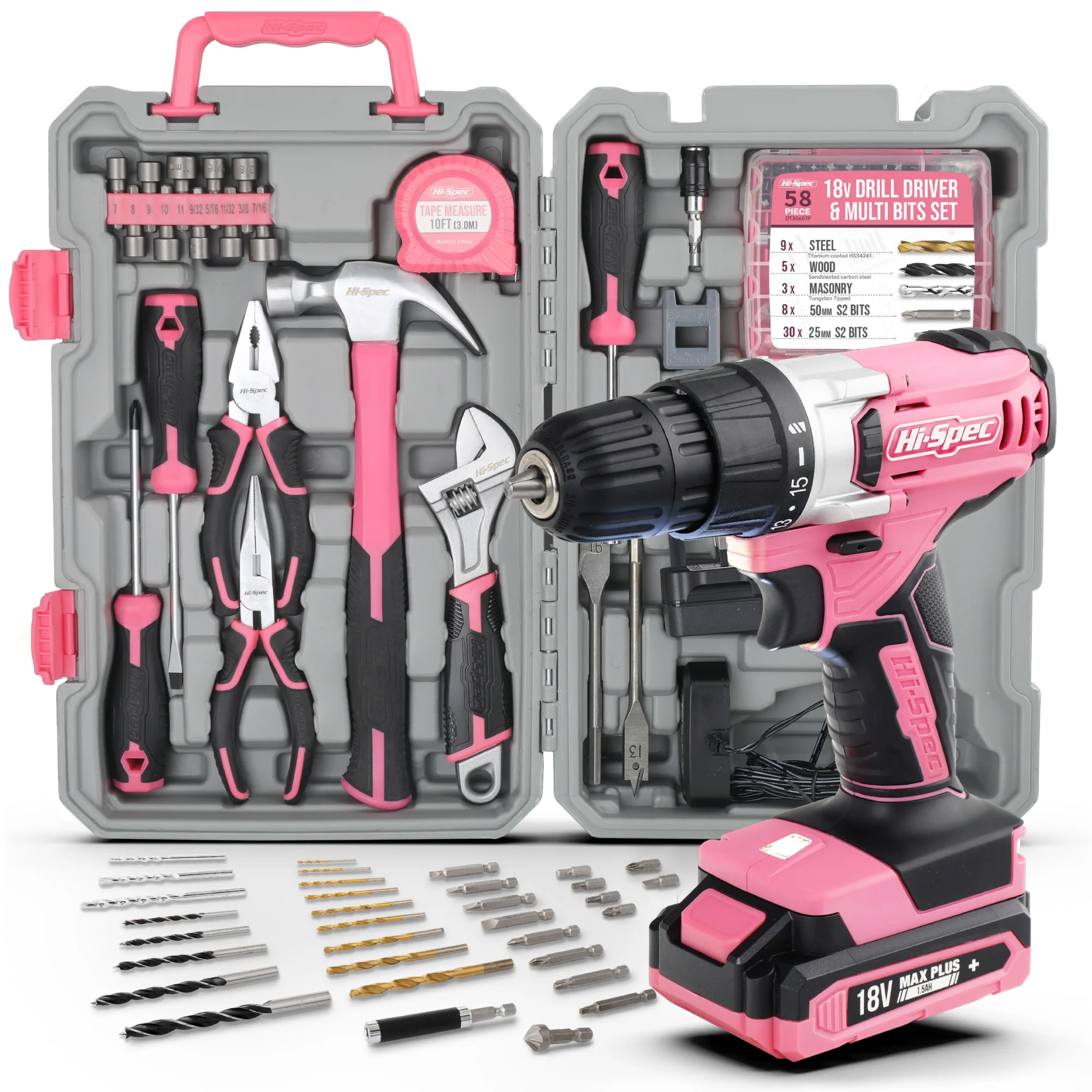 Hi-Spec Tool kit Set Pink Screwdriver Cordless Drill Professional Maintenance Tools Set Combination Mixed Plastic Storage