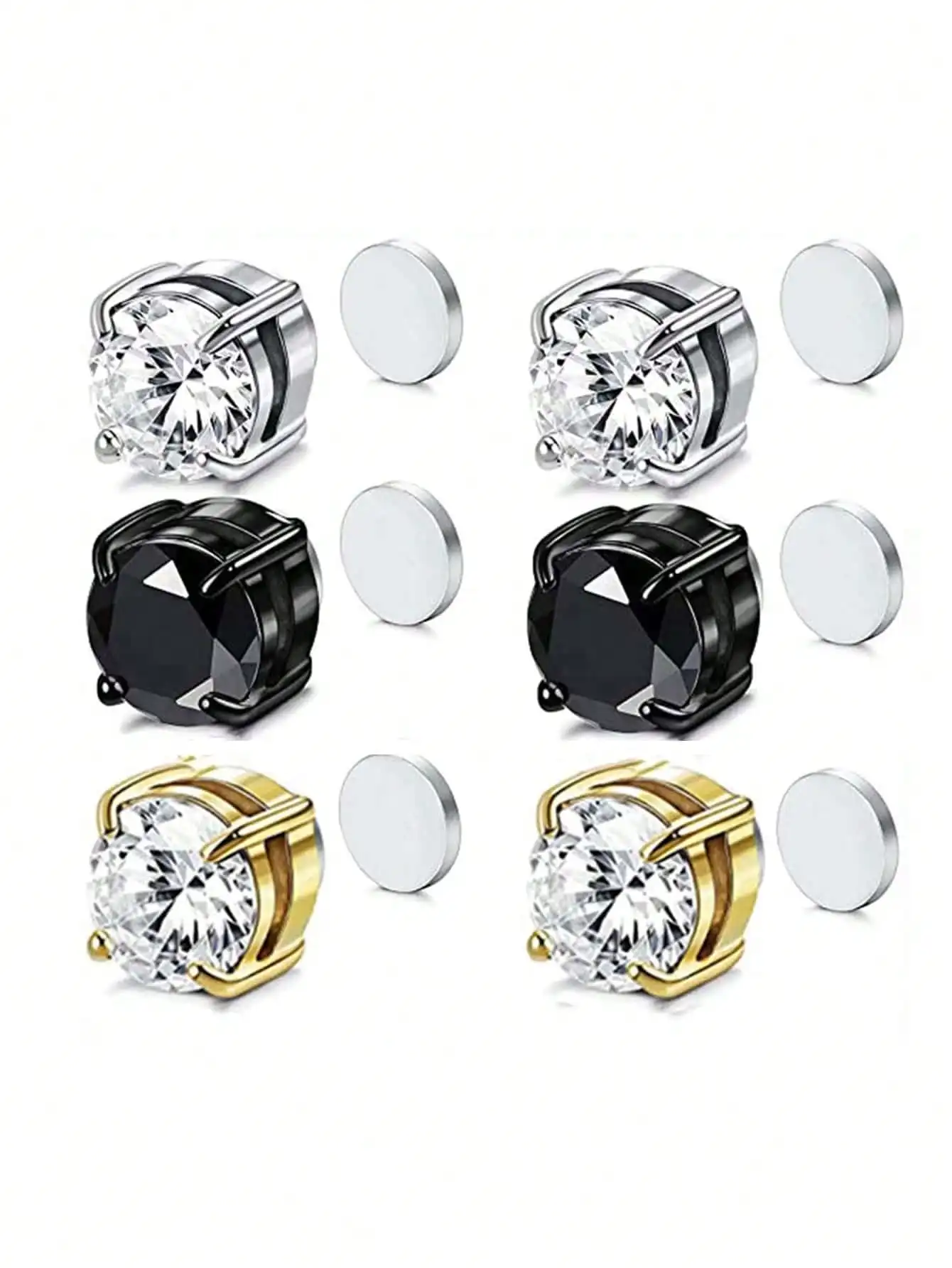 2 Pieces/6 Pieces 8mm Stainless Steel Elegant Magnetic Earrings, Non-Pierced Clip-On Earrings, Hip-Hop Cubic Zirconia Magnetic Ear Accessories, Holiday Gift