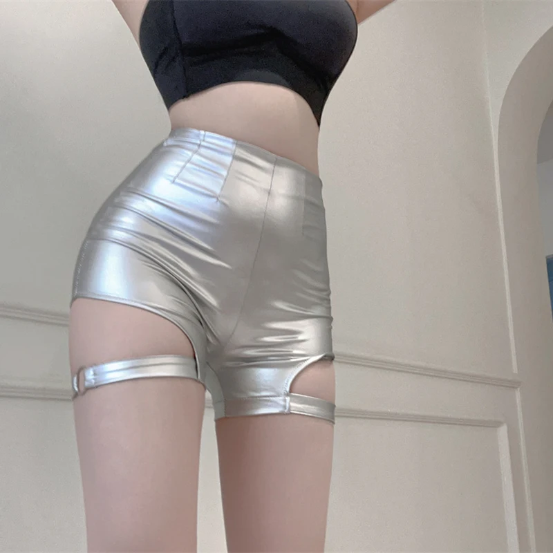 Women Hottie High Waist Cutout Slim Sexy Hip Wrap PU Leather Hot Pants Shorts