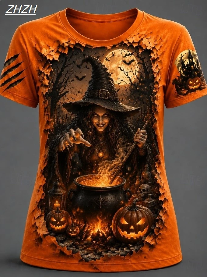2026 Halloween Women's T Shirt Print Graphic Witch Vintage Stylish Casual Short Sleeve Crew Neck Regular Tops