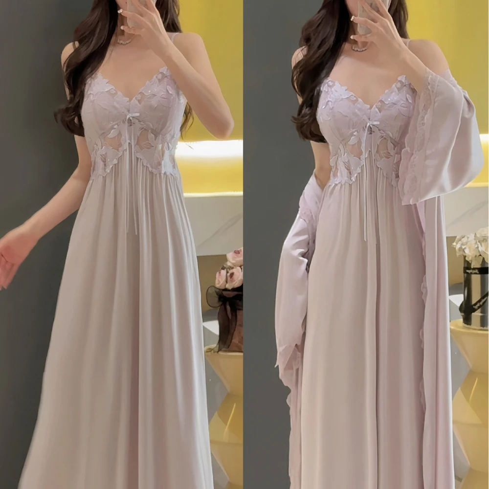 Female Long Robe Set Nightgown Elegant Silky Satin Sleepwear Homewear Sexy Lace Hollow Out Nightdress Lingerie Loungewear