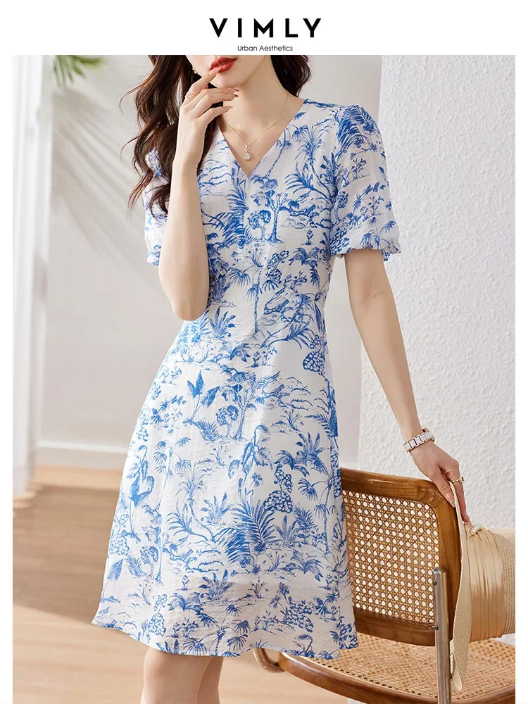 Vimly Lyocell Blend Blue Print Summer Dress for Women 2023 Short Puff Sleeve V Neck Holiday Chic Dress Female Vestidos V9530