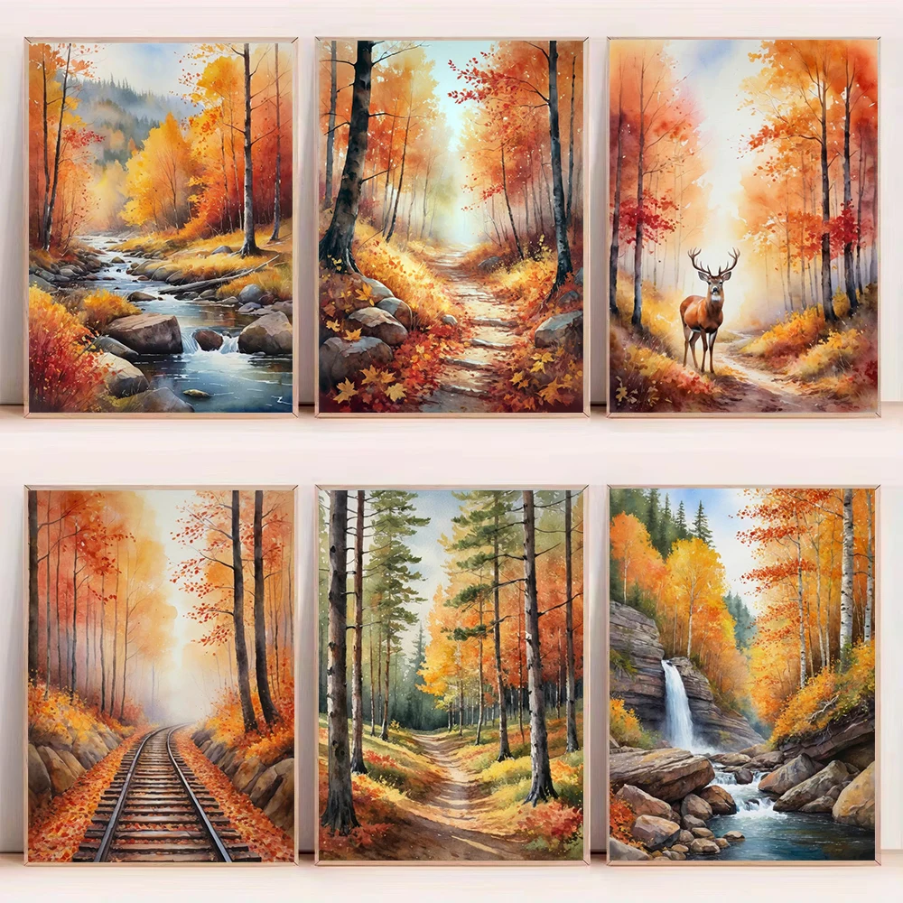 Modern Autumn Forest Watercolor Canvas Wall Art Poster - Unframed Yellow Cozy Nuture Landscape Poster For Living room Decoration