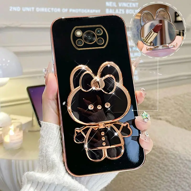 Rabbit Mirror Plating Phone Holder Case For Xiaomi Mi Poco X3 Nfc Pro X4 X5 M3 M5 M4 Pro 4G 5G M3 F3 F4 GT C40 X2 Stand Cover