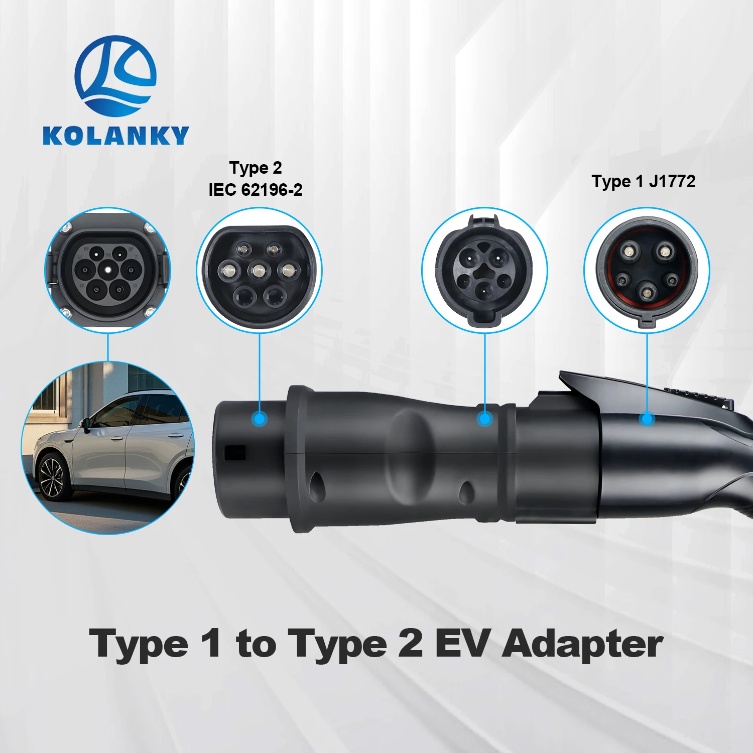 Kolanky 32 A Typ 1 auf Typ 2 EV-Ladegerät-Adapter für IEC 62169 Typ 2 Stecker, EU-Standard-Elektrofahrzeug-Hybridautos