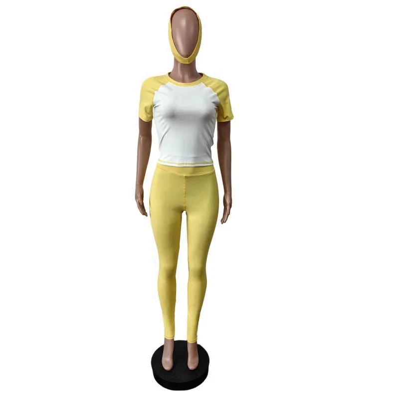 カラーパッチワークスリムフィットネス 2 点セット ヘッドバンド付き女性ジャージ半袖 T シャツトップス + スキニーパンツヨガスーツ