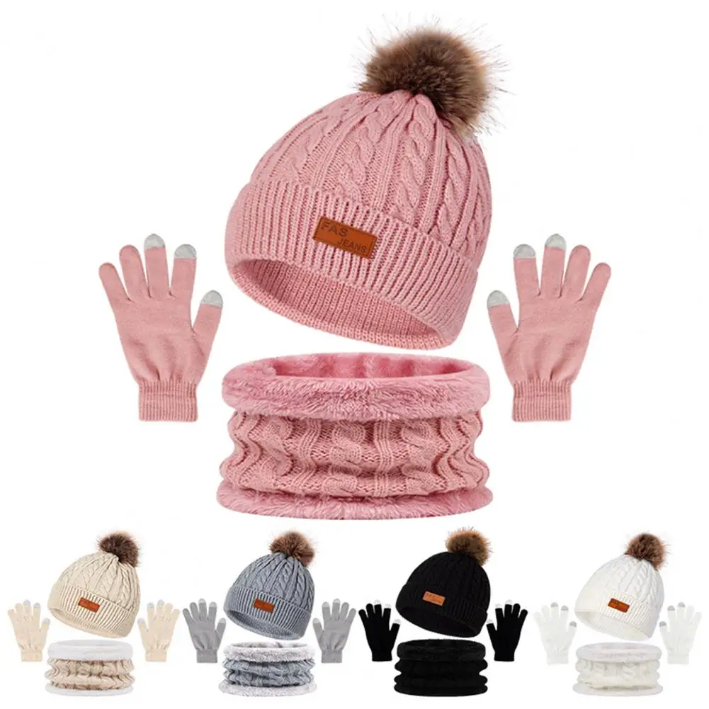 Weermuts Kids Winter Muts Sjaal Handschoen Set Met Pluche Gebreide Anti-Slip Design Bont Bal Decor Winddicht Warm Outdoor Voor Jongens