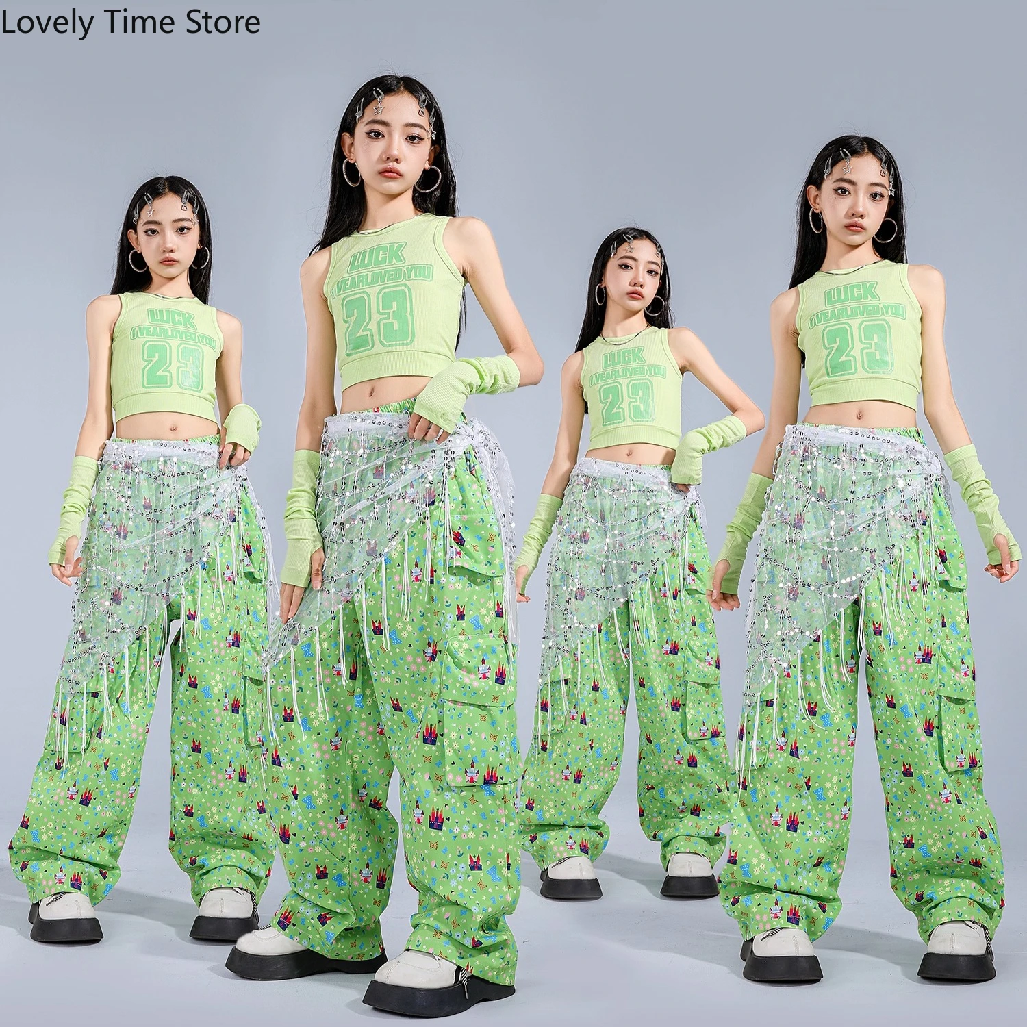 

Girls Hip Hop Green Crop Top Floral Cargo Pants Kids K-pop Streetwear Costume Children Jazz Girl Group Street Dance Clothes Sets