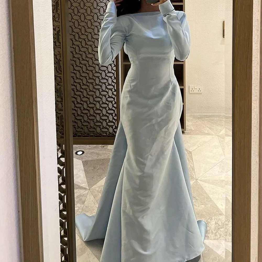 

Customized Classic Backless Panel Train Evening Dress Graceful Mermaid Satin Long Sleeves Blue Party Dress Vestidos Para Mujer