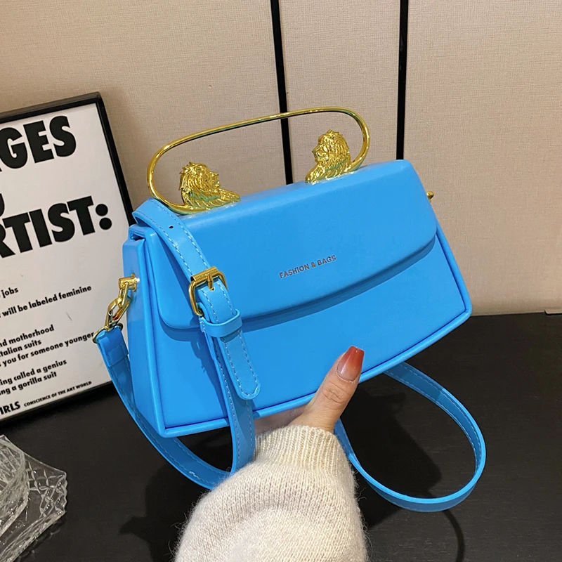 7 Colors Pu Leather Lady Bag Handbag Fashion Female Small Crossbody Bag Luxury Metal Lion Head Handle Bag Clutches Small Tote