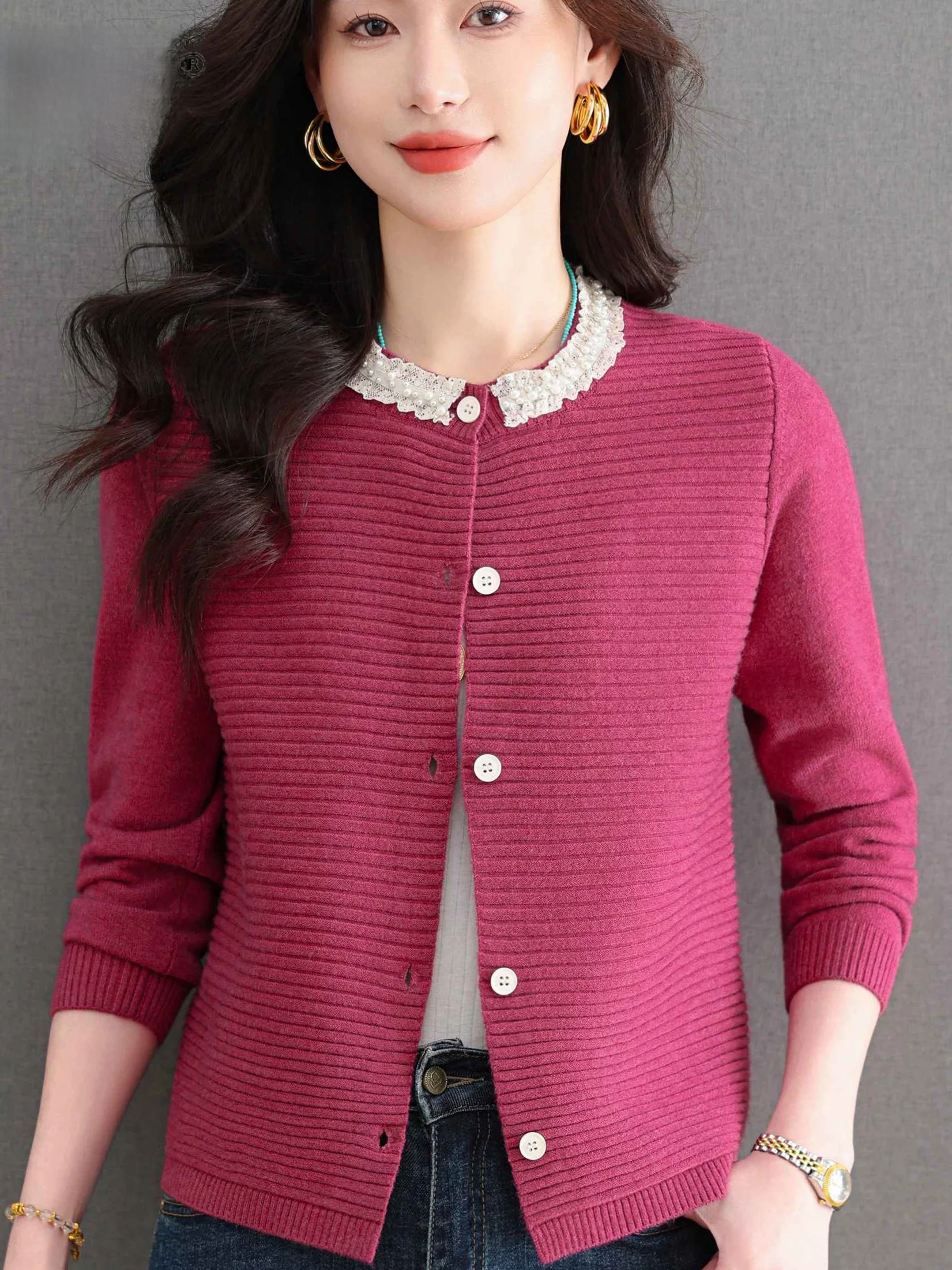 

Вязаный свитер-кардиган на пуговицах с круглым вырезом для женщин среднего и старшего возраста, весна-осень, маленький размер