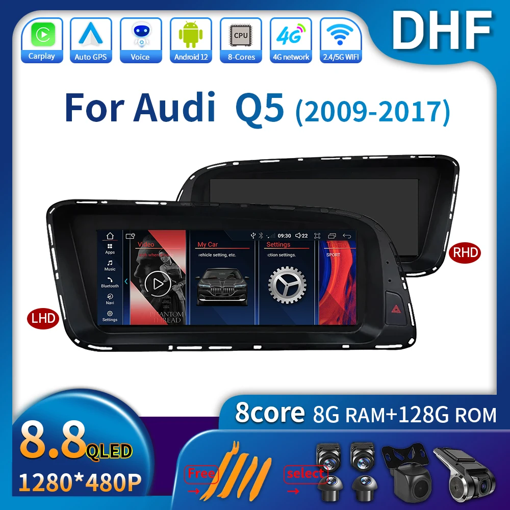 

DHF 8.8" For Audi Q5 2009 - 2017 Car Radio Android 12 Wireless Bluetooth Carplay 4G GPS Navigation Auto Stereo Multimedia Player