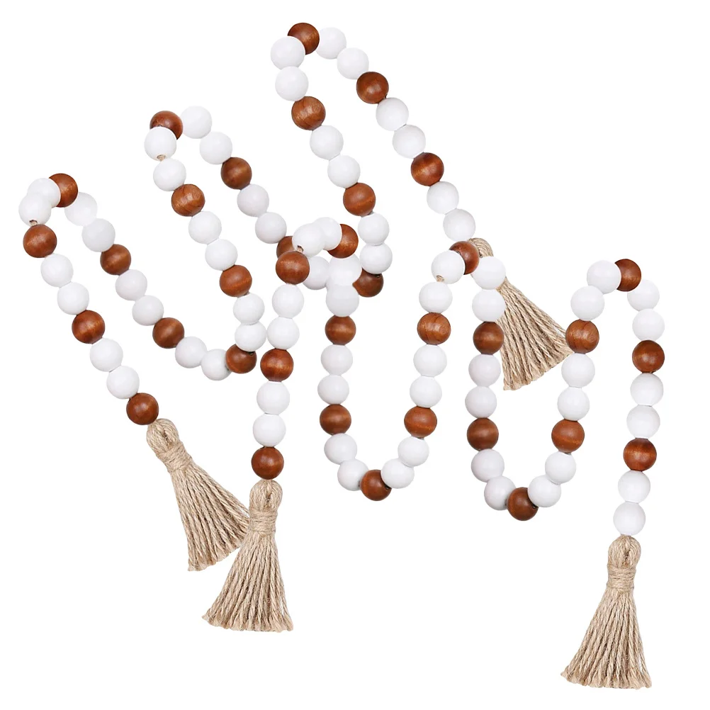 

2pcs Vintage Wood Bead Garland Bohemian Tassel Hanging Decor For Coffee Bar Home Party Wall Decoration Wooden Beads String