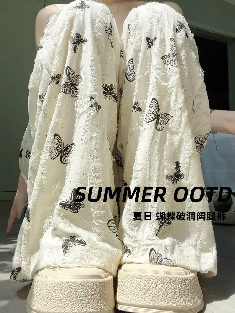 

Summer Large Size Wide-leg Pants Butterfly Printed Elastic Waist Drawstring Loose Draping Casual Straight Pants Women Clothing