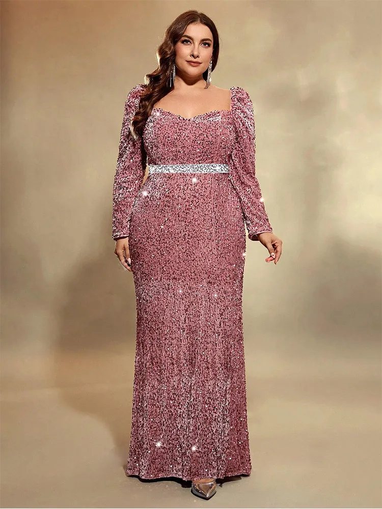 Plus Size Square Neck Long Sleeve Sequined Stretch Multicolor Floor Standing Evening Gown 4XL 5XL Big Size Evening Dress