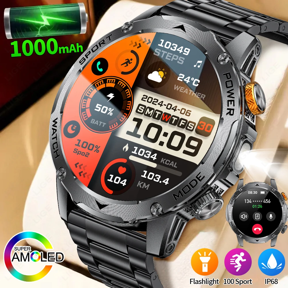 LIGE ساعة ذكية عسكرية جديدة للرجال BT Call AMOLED Smartwatch معدل ضربات القلب الأكسجين في الدم مراقبة النوم الرياضة اللياقة البدنية Smartwatches الرجال