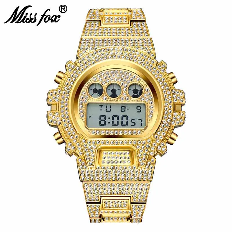 

Multifunction Digital Watch For Men Classic Design Stainless Steel Timer Watches Unusual Full Diamond Hip Hop Ice Out Gold Clock