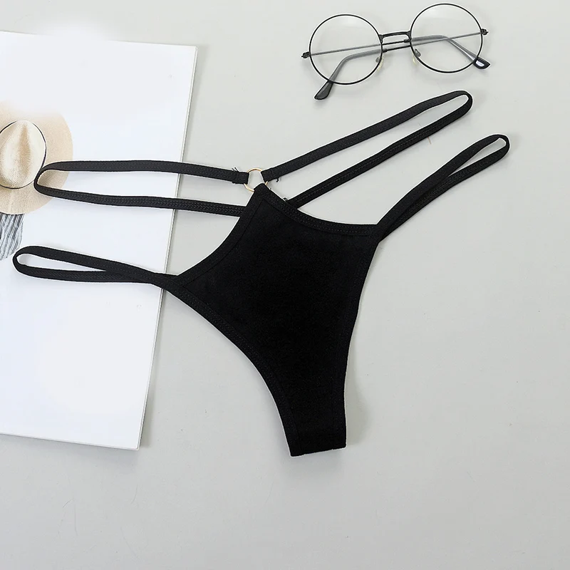 Women Double Thin Strap Thong Decorative Round Metal Ring Solid Color Low Rise Breathable Minimalist Seamless G String Panties