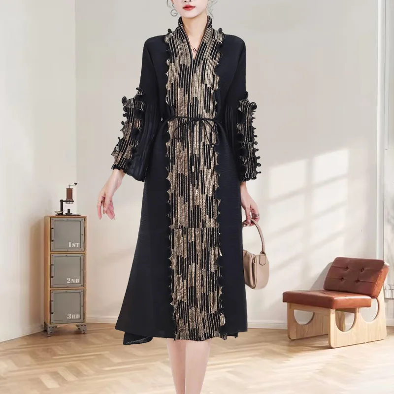 

Miyake Pleated Dresses 2025 Spring New Miyake Fold Elegant Wooden Ear Edge Commuter Casual Hot Gold Pleat Dress Women Clothing