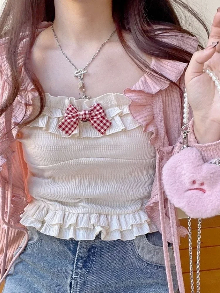 2023 New Kawaii Candy Color Crop Top Women Japanese Lolita Sweet Tank Top Ruffle Short Tee Shirt All Match Cute Tops Summer