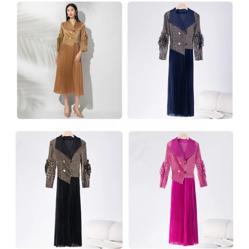 

Miyake Pleated New 2025 Autumn Temperament Retro Style Hot Gold Pleated Dress Suit Collar Long-sleeved Mid-length Dress Elegant