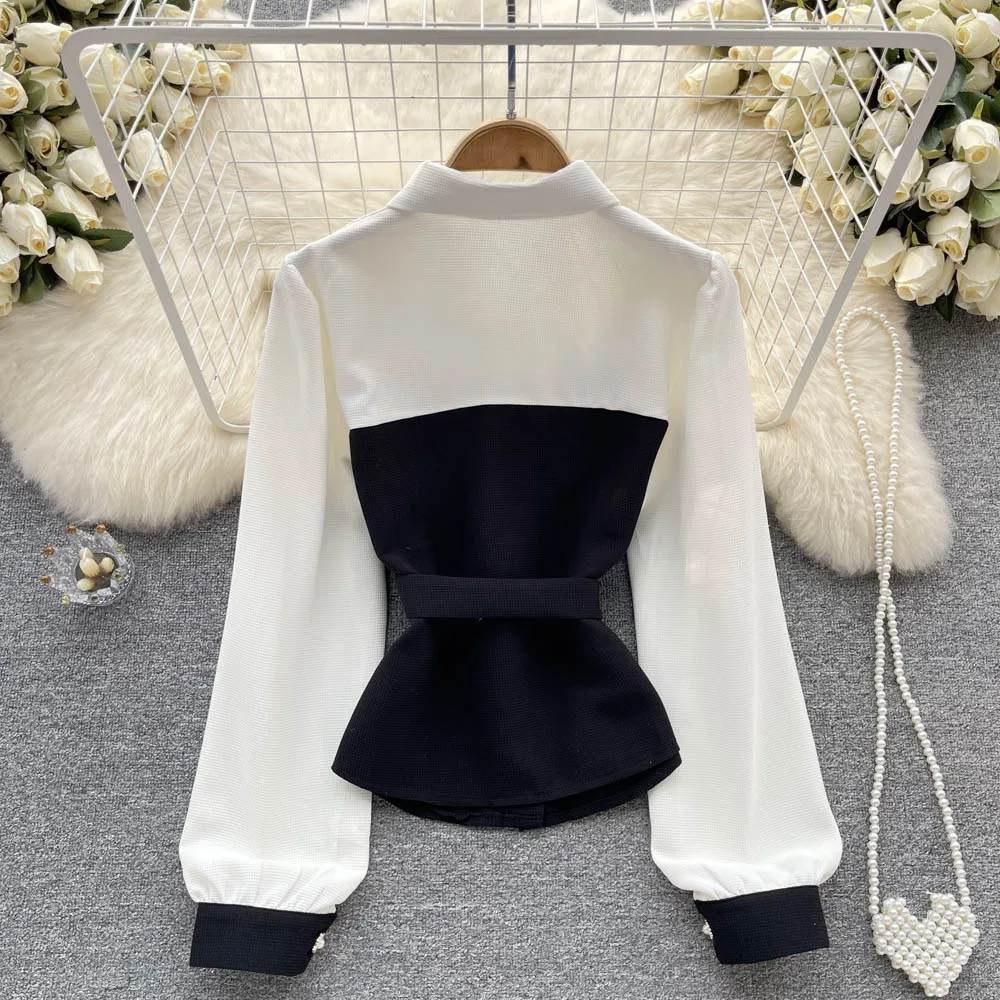 Ele Color Blo Long Sve irt المرأة Faion الأعلى الفرنسية Sle سليم صالح طوق ort طول لون نقي ملابس الخريف #4