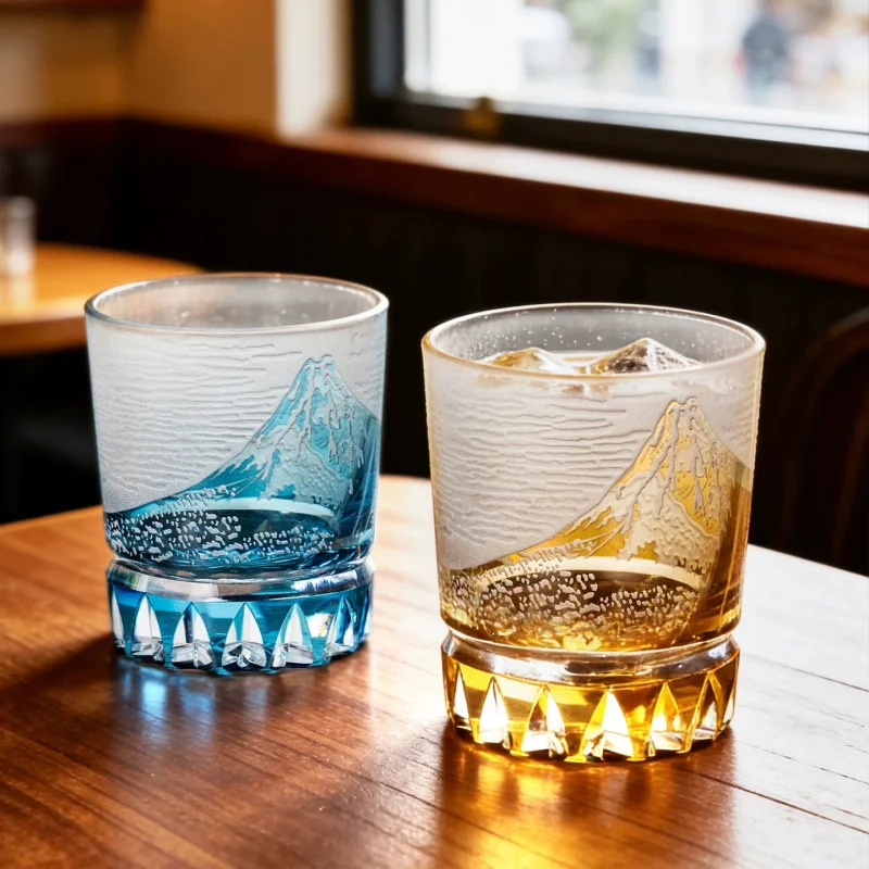 Hand Engraved Color Embossed Mount Fuji Glass Luxury Artwork Glassware Premium Whisky Vodka Bourbon Rock Glass Tumbler 240ml